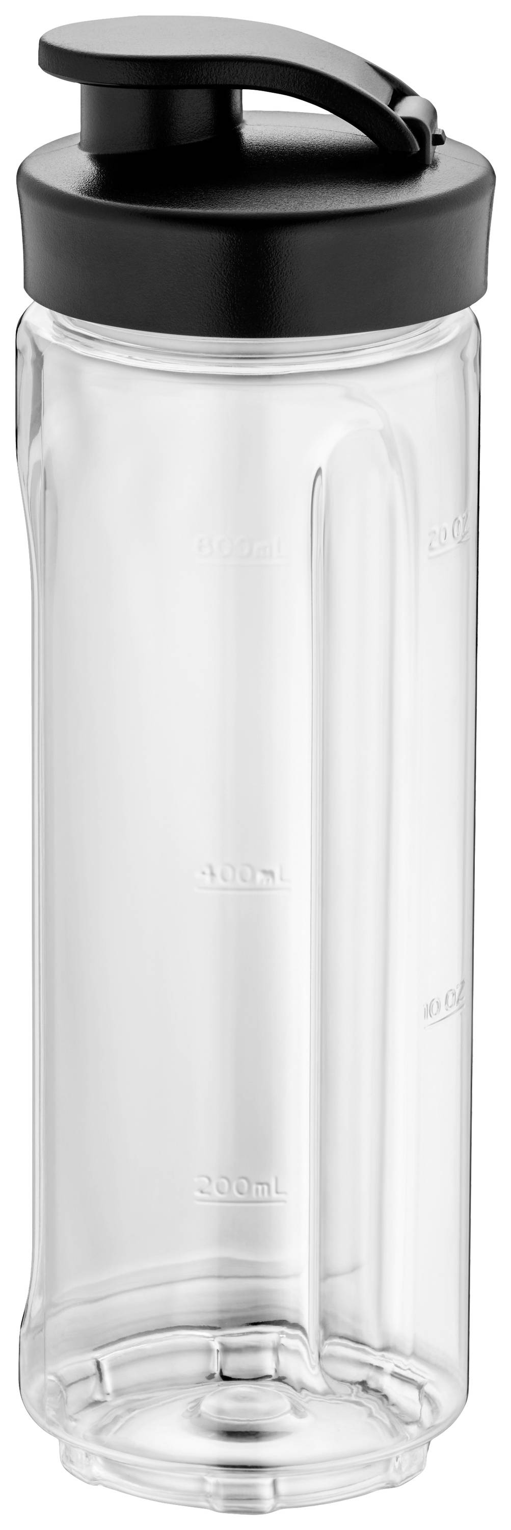 Transparent water bottle with a black lid, measurement markings along the side. Perfect for sports or on-the-go.