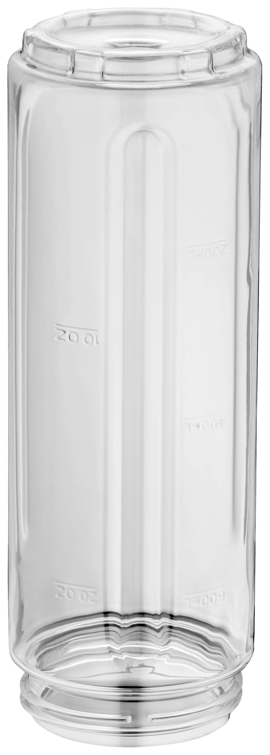 A transparent, cylindrical container with measurement markings in millilitres.