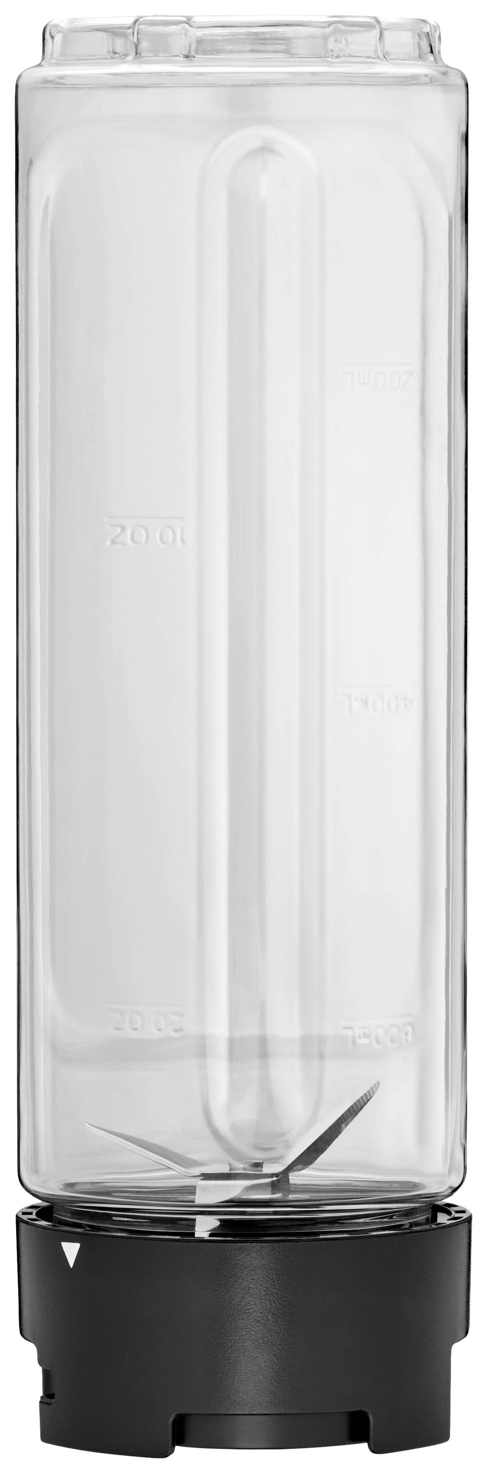 A clear, transparent plastic bottle with measurement markings sits on a black base, suitable for blender combinations.