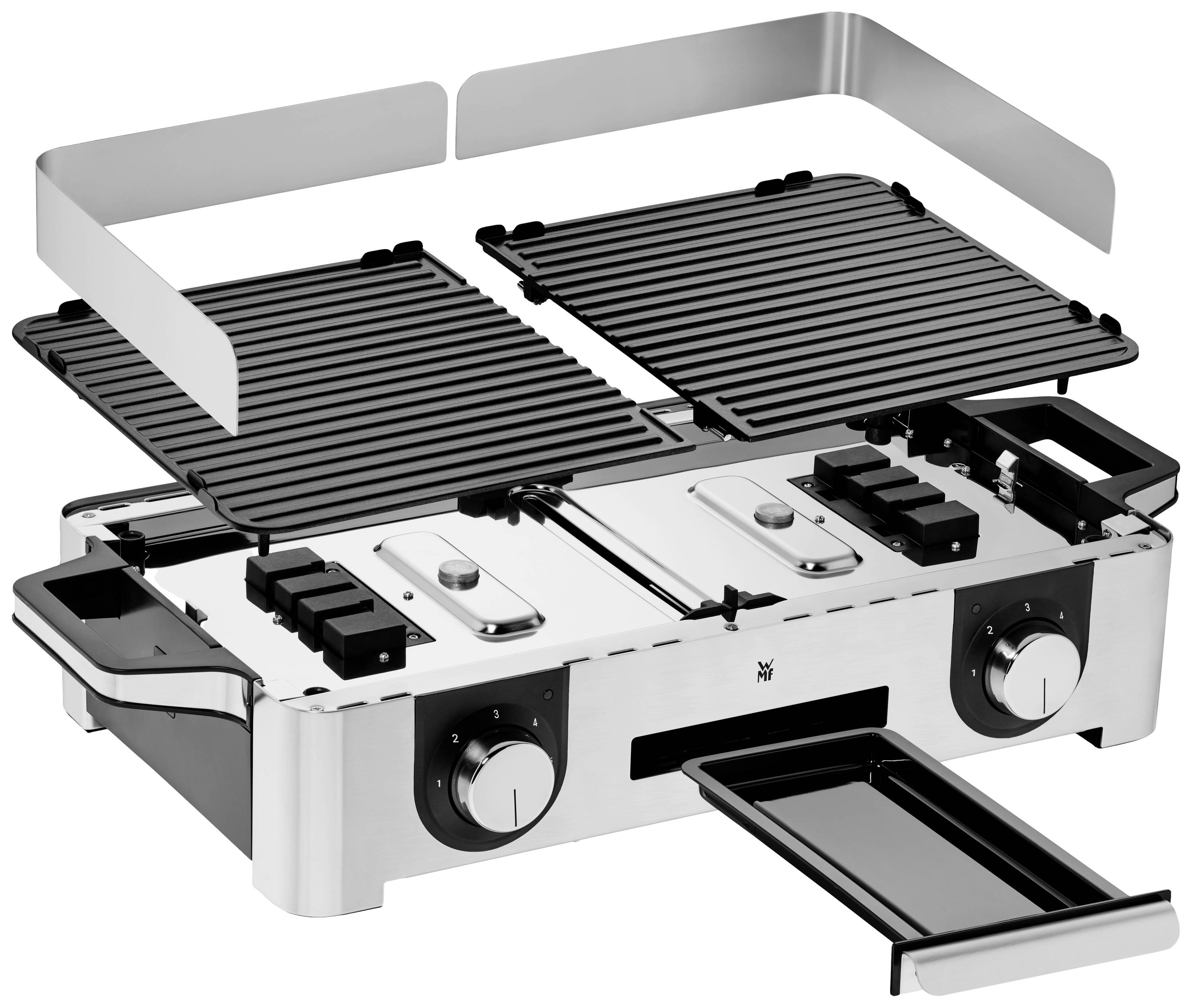 A stainless steel table barbecue with two removable plates, temperature controls and a detachable drip tray, perfect for barbecue evenings.