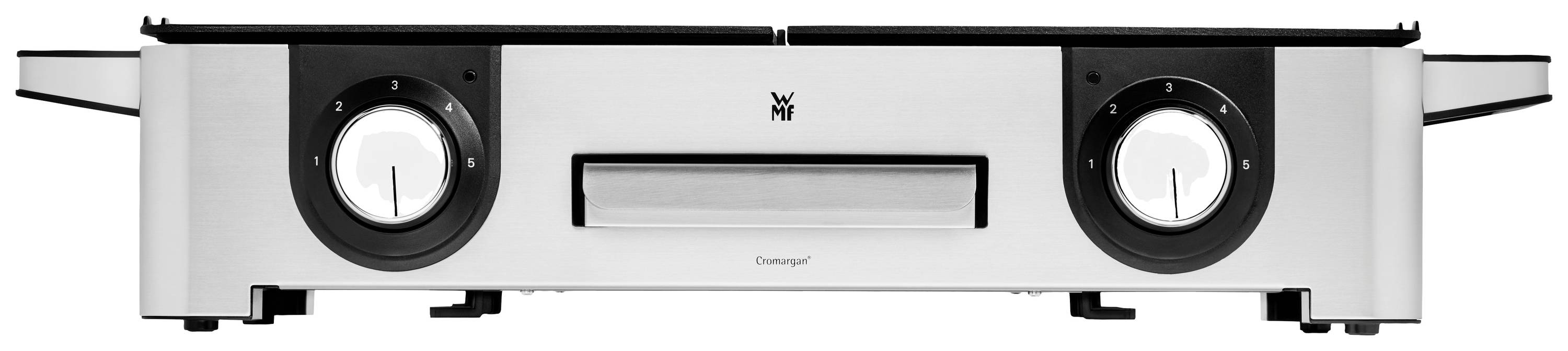 A silver electric griddle with two rotary controls, uniform design and a removable grilling surface. Perfect for indoor grilling.