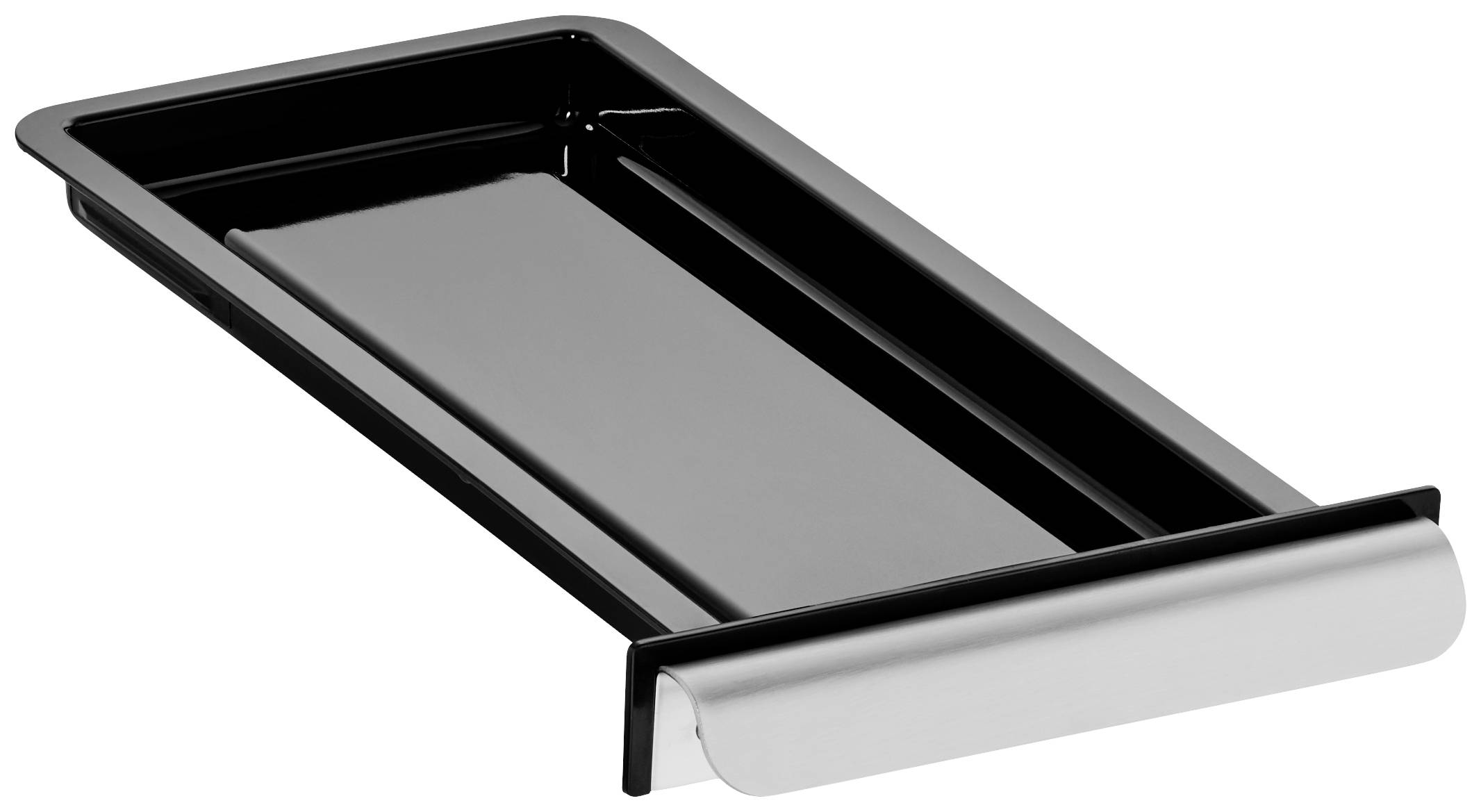 Black rectangular drip tray with silver handle. Ideal for hob or grill.