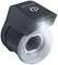 A black, angular switch with a glowing white symbol is situated on a grey, ribbed ring that serves as its base.