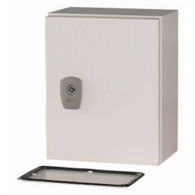 Grey rectangular electrical enclosure with a lock in the centre. Removable frame positioned in front. Ideal for electrical installations.