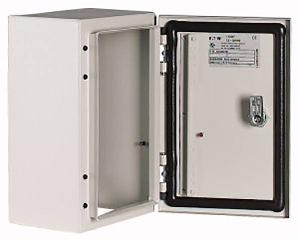 Metal cabinet with an open door, showing interior space. Predominantly used in industrial or electrical installations.