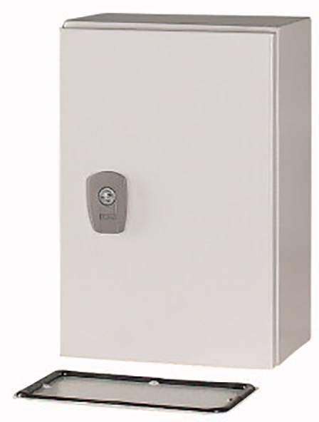 Metal enclosure with locking mechanism and removed casing lid, suitable for electrical components or network installations.