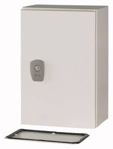 Grey, rectangular metal cabinet with a locking mechanism. A removed metal plate lies in front of the cabinet.