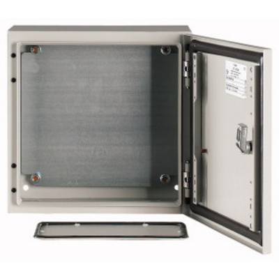 Metal electrical enclosure with open door, interior empty. Ideal for installing electrical components.