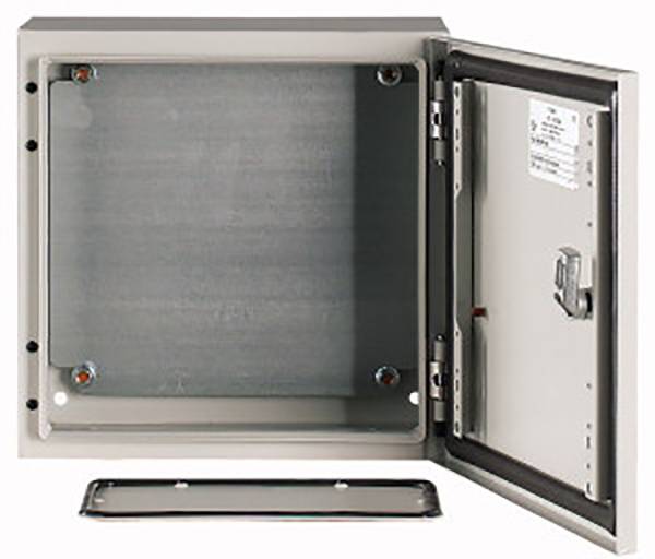 Metal electrical enclosure, open display, with removable front panel, suitable for electronic devices or wiring systems.