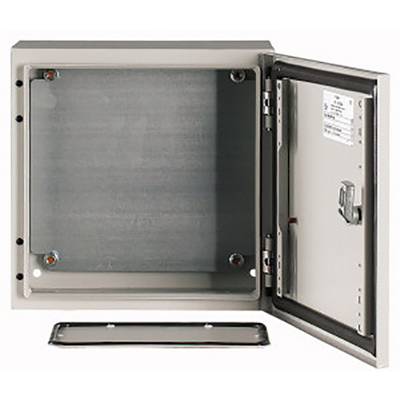 Metal electrical enclosure, open display, with removable front panel, suitable for electronic devices or wiring systems.
