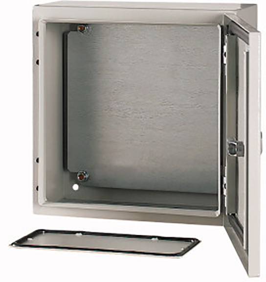 Open metal cabinet with a door and removable lid, suitable for securely storing items.