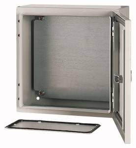 An open metal box with its cover removed, revealing an empty interior. Suitable for industrial or technical purposes.