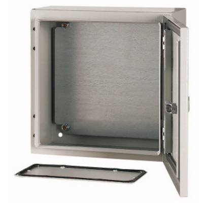 An open metal box with its cover removed, revealing an empty interior. Suitable for industrial or technical purposes.