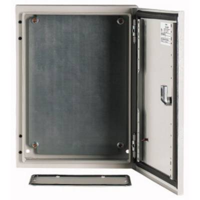 Metal distribution board opened, revealing empty interior. Flush-mounted enclosure for electrical installations. White exterior, grey interior.