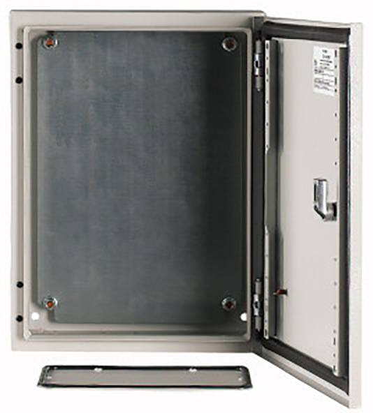 Metal cabinet with an open door and removed back panel. Suitable for electrical or electronic equipment installations.