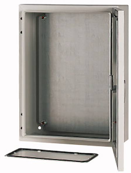An open rectangular metal box with a removable door, for use as an enclosure or distribution box.