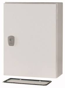 A white metal cabinet with a keyhole in the centre. Door slightly ajar, revealing a rectangular removable frame underneath.
