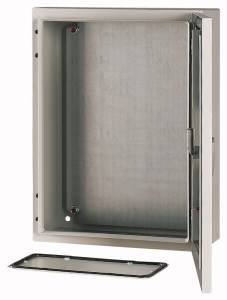 An open metal box with its lid removed. The box is empty and made of robust material, suitable for technical applications.
