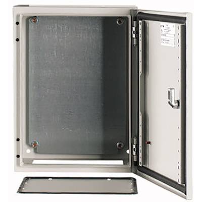 An open electrical cabinet with a metal interior and an open door. Suitable for electrical installations in various environments.
