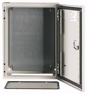 Metal cabinet with an open door, showing interior space. Suitable for secure storage or electronic equipment installations.