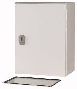 Metal fuse box with a lock. A removed front panel is lying underneath.