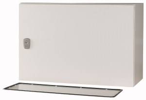 A closed grey metal box with a lock on the left side. The lid is placed in front, revealing the empty interior of the box.