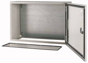 An empty rectangular metal enclosure with an open door and a removed front panel. Suitable for installing equipment or cables.