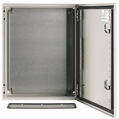 Grey metal electrical enclosure with an open door, showing empty interior. Door contains terminal blocks and a label. Suitable for electrical installations.