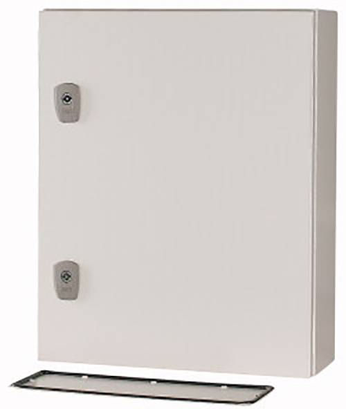 A rectangular, white metal cabinet with two locks. Suitable for storing electrical components or documents.