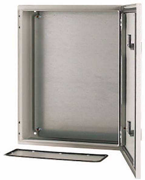 Metal cabinet with an open door and removed cover panel, suitable for storing electrical or installation components.
