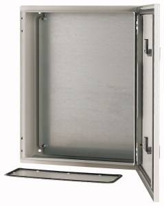 Metal electrical enclosure, rectangular, open, with removed door and visible interior. Suitable for electrical installations.