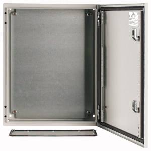 'Open metal cabinet with open door panel.'