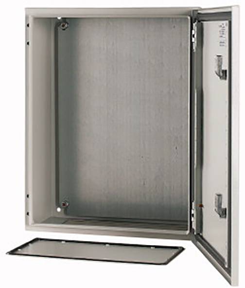 A vacant, open metal electrical enclosure with a removable base plate, suitable for electrical installations and device protection.