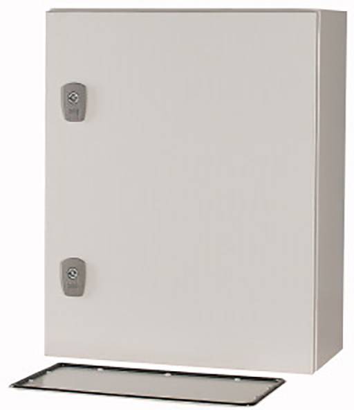 Metal control cabinet with two locks on the front, front panel removed at the bottom. Suitable for industrial applications.