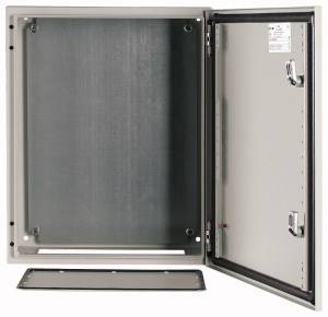 An open grey electrical cabinet with two locks on the inner side of the right-hand door. The interior provides space for electrical components.