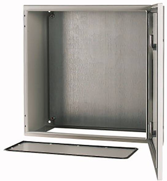 Metal cabinet with an open door, showing interior and removable base panel. Suitable for storage or device installation.