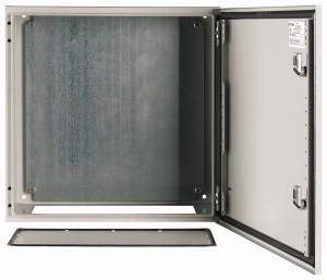 Open metal electrical cabinet, showing empty interior and open door. Suitable for electronics or wiring applications.