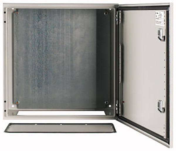 An open, empty metal cabinet with a door hinged on the right side. Suitable for storing electrical components.