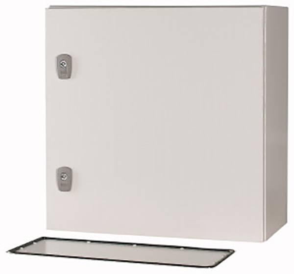 Metal enclosure with two side locks. A separately illustrated sealing plate is located underneath. Ideal for electronic protection.