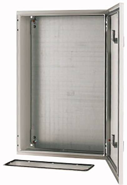 Metal cabinet with an open door and removable base plate, suitable for the installation of electronic components or cabling.