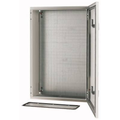 Metal switchboard with an open door hinge. Interior and mounting frame for technical installations are visible.