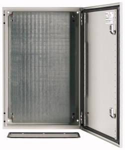 An open electrical cabinet showing a clear view of an empty mounting plate. The cabinet door is visible on the right, open wide.