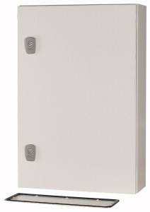 A rectangular, white metal cabinet with two locks, revealing an internal compartment; designed for secure storage.