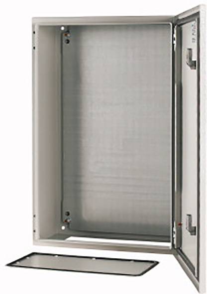 Metal cabinet with an open door; a loose floor panel lies in front of it. The cabinet is empty and suitable for electronic equipment.