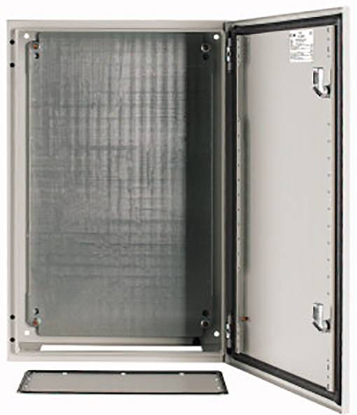 An empty, open metal cabinet for housing and protecting electronic equipment or switchgear. The door is wide open.