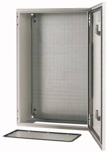Metal control cabinet with an open door. Extends lengthwise with removed base and internal hinges.