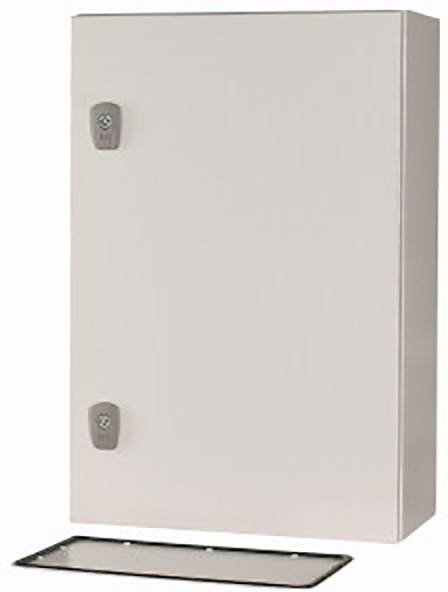 A rectangular, light grey cabinet with two locks on its left side and a removed cover plate underneath.