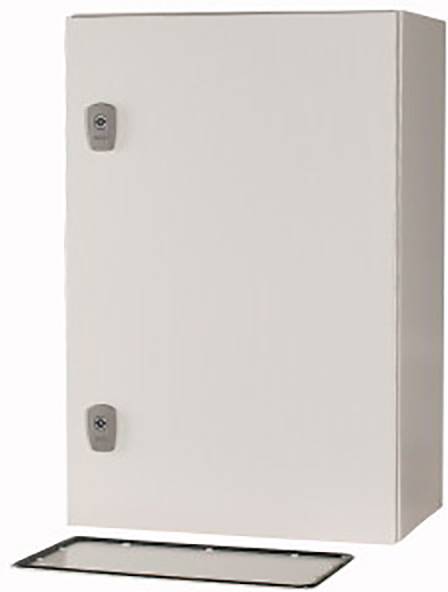 A white, rectangular control box with two handles on the left side. The cover plate has been removed and is lying in front of it.
