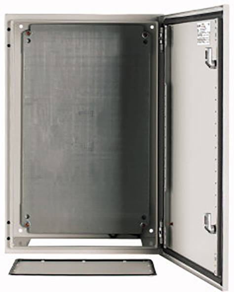 Open, empty metal cabinet with a door opened to the right. Interior shows empty back panel and side walls.