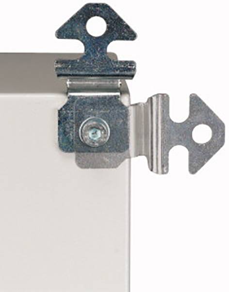 A metal corner connector on the edge of a white box, secured with screws, viewed from the side.